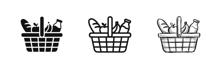 Grocery basket icon set with bread apple banana and milk bottle in solid line and sketch styles © drawing lines
