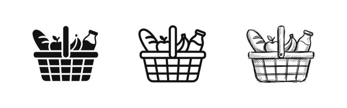 Grocery basket icon set with bread apple banana and milk bottle in solid line and sketch styles