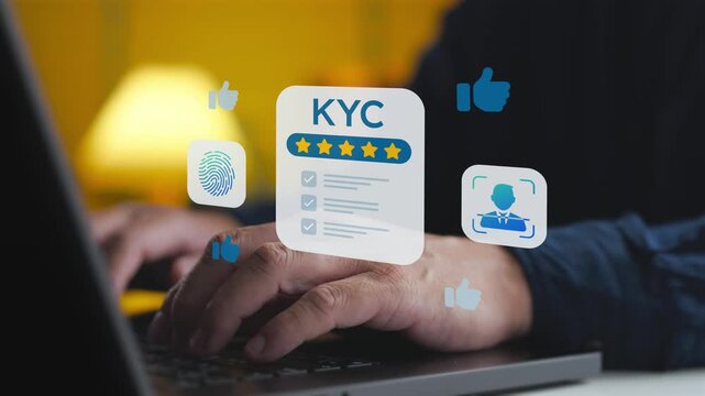 Compliance officer verifying user identity on digital kyc interface using laptop. Concept of biometrics authentication, secure user onboarding, data privacy, and legal regulation.
