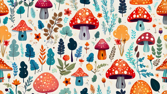 Seamless pattern with fairy houses colorful mushrooms tiny lanterns flowers and magical woodland details whimsical fantasy style