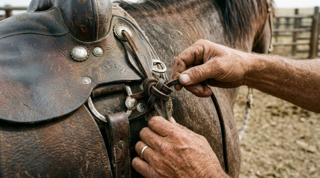 A person adjusts a leather strap on a dusty horse saddle.