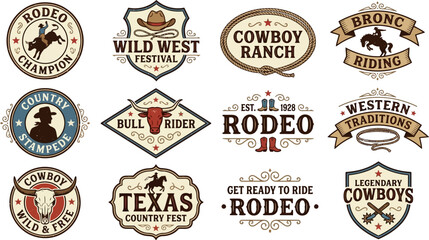 Collection of western rodeo and cowboy logos and badges with various designs and phrases © Pixel Verses