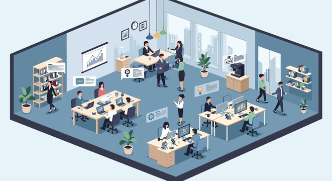 Isometric illustration of a busy modern open-plan office with diverse employees working, collaborating, and interacting in a dynamic business environment.