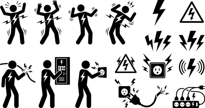 electric shock warning signs and people getting electrocuted by appliances and plugs
