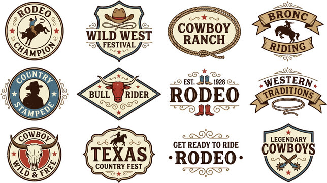 Collection of western rodeo and cowboy logos and badges with various designs and phrases