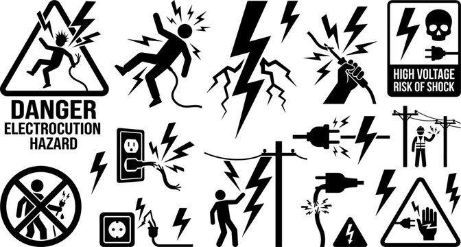 Electric shock warning signs and symbols collection including hazard icons and high voltage risk illustrations