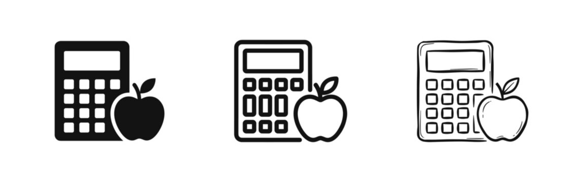 Calculator and apple icon set for nutrition math or education in solid line and sketch styles