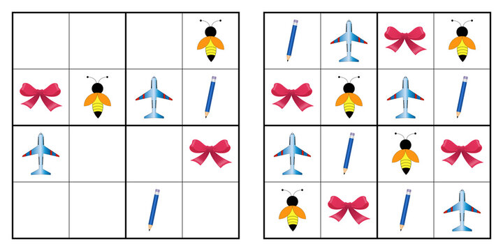 Best PNG educational picture sudoku grid puzzle for children with cute ribbon, bee, plane and pencil icons isolated on white background. Premium quality realistic 3D logic game layout worksheet templa
