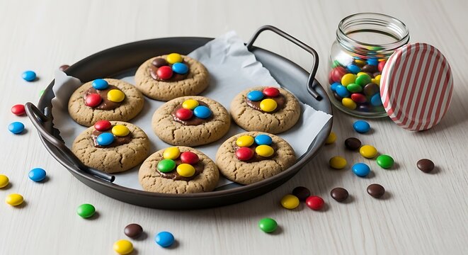Colorful MM Cookies on Baking Tray with Jar