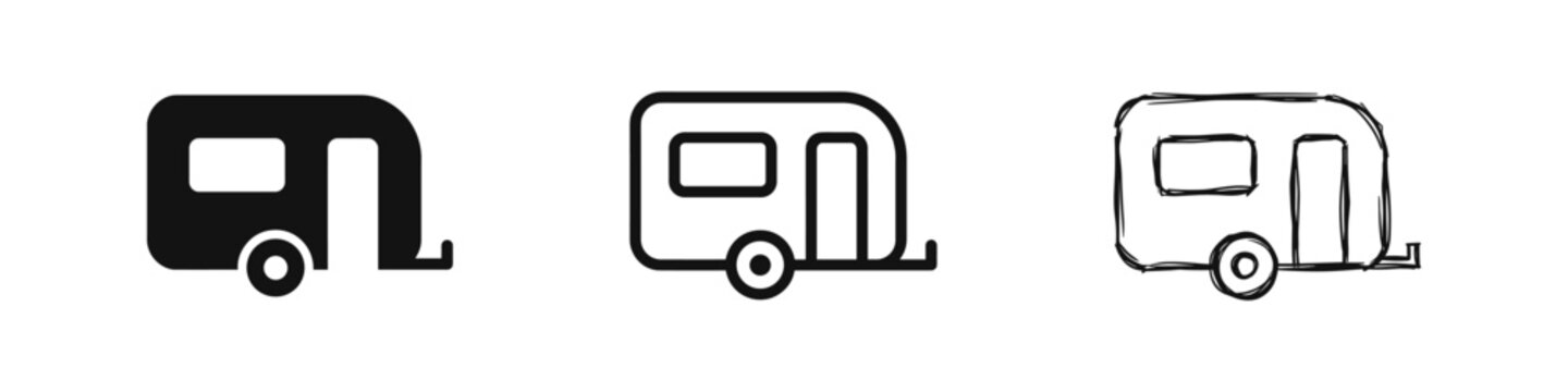 Caravan or camping trailer icons set in solid, outline, and hand-drawn styles
