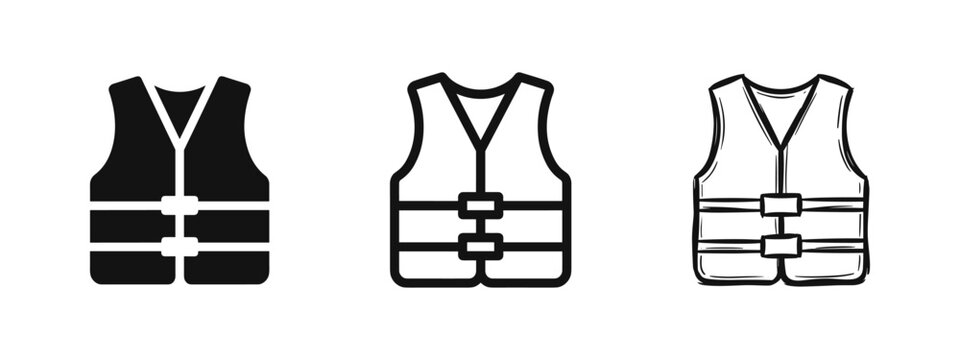 Life Jacket Safety Vest Icons - Maritime Rescue Equipment Set in Solid, Line, and Hand-Drawn Styles