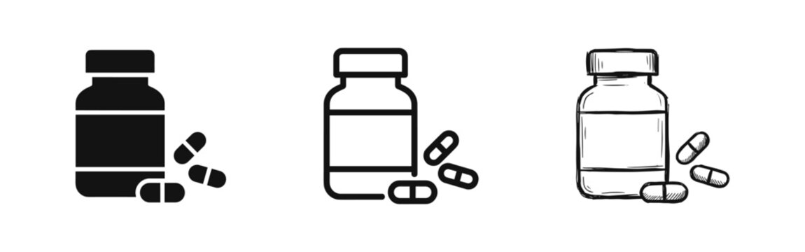 Medicine Bottle and Pills Icons - Healthcare Pharmacy Symbol Set in Solid, Line, and Hand-Drawn Styles