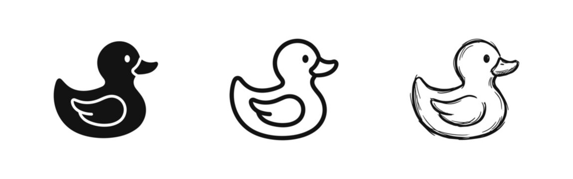 Rubber duck icons set in flat, outline, and hand-drawn styles