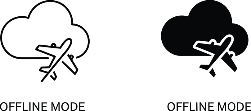Offline mode icons airplane in cloud line art and solid fill versions