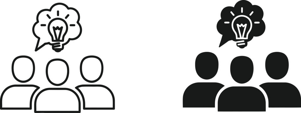 Team brainstorming session with lightbulb icon line art and solid versions