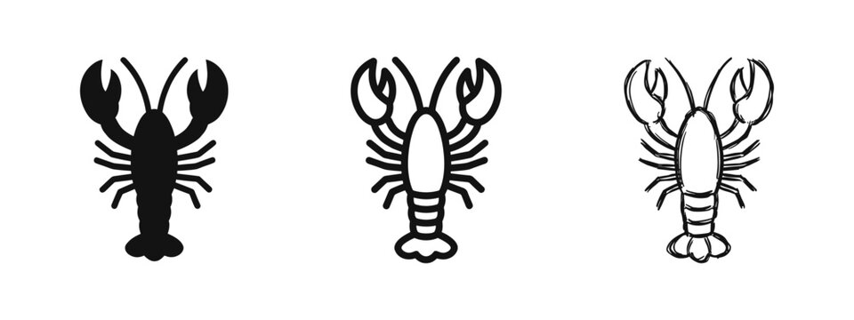 Lobster Icon Set in Solid, Outline, and Hand-Drawn Sketch Styles - Seafood and Marine Life Symbol