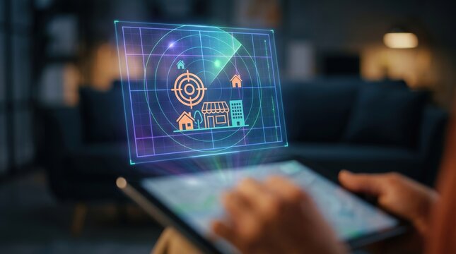 Hyperlocal Marketing Concept: Vivid Holographic Radar Target Grid and Store Map Over Tablet in Dark Contemporary Office
