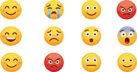 Fototapeta premium Yellow and Red Emoji Face Vector Set Featuring Diverse Human Expressions Including Happy Sad Angry Crying and Shocked for Chat Apps