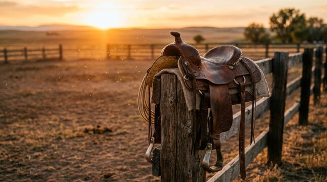 A leather western saddle rests on a fence post at sunset.