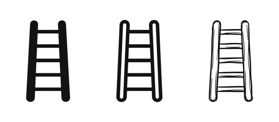 Wooden Ladder Icon Set, Step Ladder Symbol, Solid Outline and Hand-Drawn Sketch Styles © drawing lines