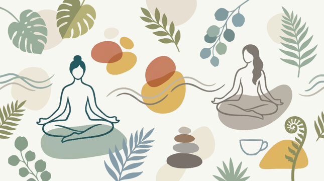 Two women meditating in lotus pose surrounded by plants and abstract shapes.