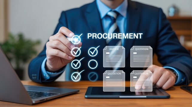 Professional approves procurement checklist with digital invoice and quotation documents floating above tablet and laptop in modern office