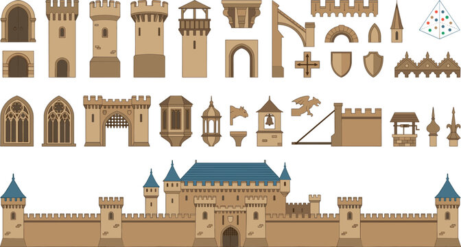 Sand Castle Building Kit Vector Set with Towers Gates Walls and Beach Construction Elements