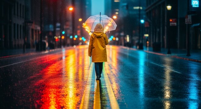 woman walking alone on rainy city street.