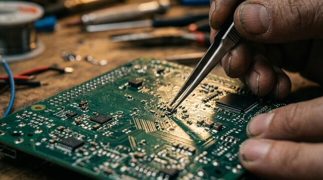 Technician Repairs Electronic Circuit Board with Tweezers for Precision Work on Computer Chip Components