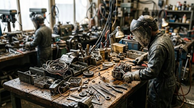 Skilled Craftsman Welding Metal Components in a Busy Workshop Setting