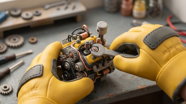 Hands in Yellow Gloves Repair Intricate Claymation Engine Model with Wrench