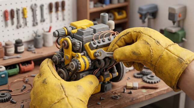 Claymation Style Engine Repair with Yellow Gloves and Tools in Workshop