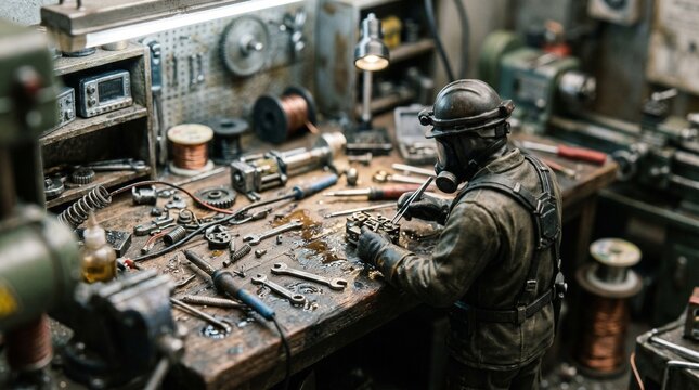 Skilled Artisan Meticulously Crafts Intricate Device in Cluttered Workshop with Protective Gear