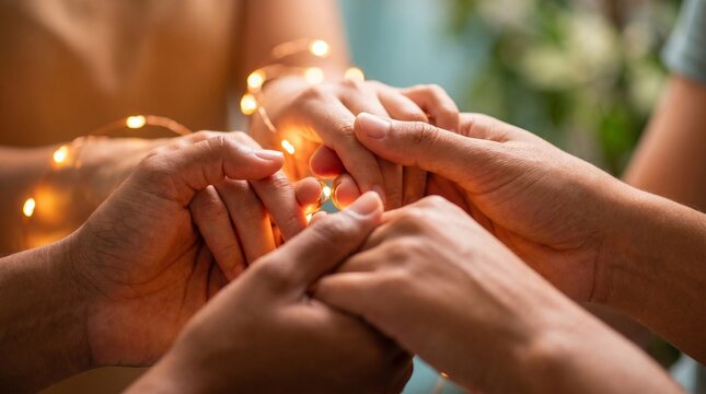 Four Hands Gently Intertwined Holding String Lights Symbolizing Unity and Connection