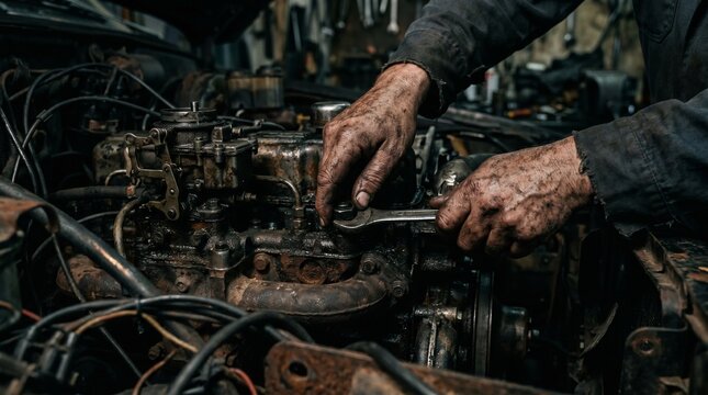 Skilled Mechanic Working on Dirty Car Engine with Wrench in Gritty Workshop