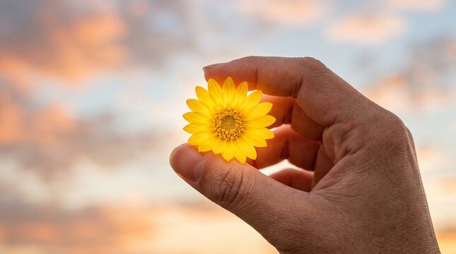 Hand Holding a Bright Yellow Daisy Flower Against a Soft Sunset Sky Background Representing Hope and Support