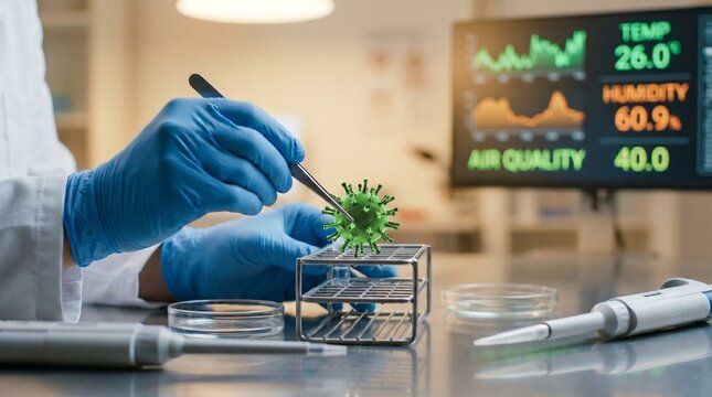Scientist Examines Green Virus Model in Laboratory with Environmental Data Display
