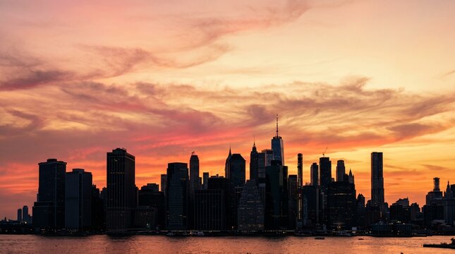 New York City Skyline at Sunset with Dramatic Clouds and Water Reflection