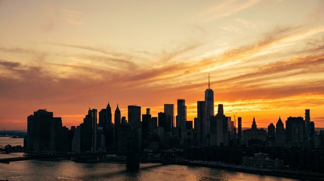 Manhattan Skyline Silhouette at Sunset with Dramatic Orange Sky and Water Reflection