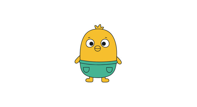 Smiling yellow cartoon chicken character.