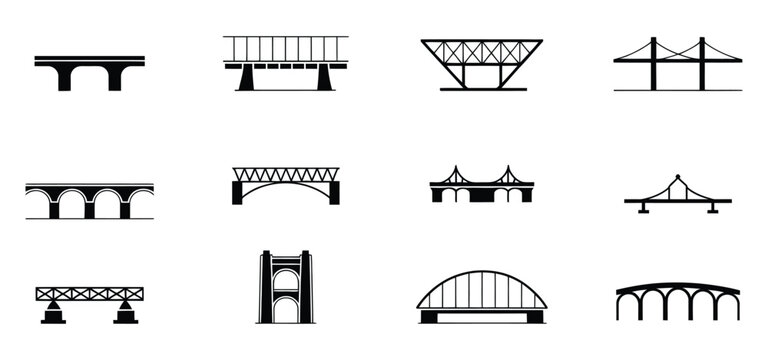 Set of 12 bridge silhouette icons and architectural symbols