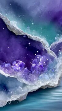 Purple gemstone geode crystal formation with glowing particles and liquid water moving. Abstract mineral texture background for creative design project.