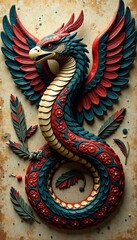 Fototapeta premium Stylized serpent & eagle feathers, ancient Aztec , wallpaper, art, culture