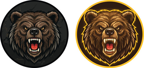 Angry Roaring Bear Mascot Head Logo Sticker Set featuring Aggressive Grizzly Animal Esport Emblem in Circular Badges for Sports Gaming Teams © Ajad