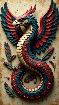 Stylized serpent & eagle feathers, ancient Aztec , wallpaper, art, culture