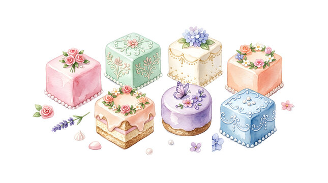 Watercolor petit fours set with floral icing isolated on black background