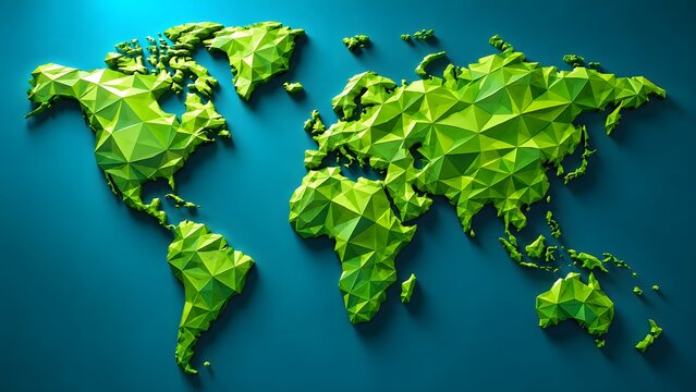 Stylized origami world map designed in a vibrant green low poly geometric pattern on a blue background. Highly suited for environmental concepts, global travel, and creative charts.