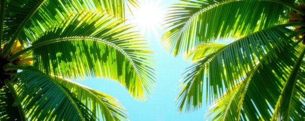 Fototapeta premium Sunlight dapples lush green palm fronds, vibrant tropical scene , leaves, plant, tropical background