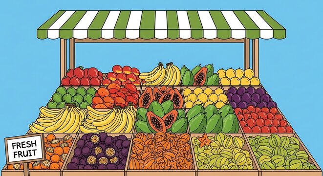 Colorful fruit and vegetable display under umbrella.