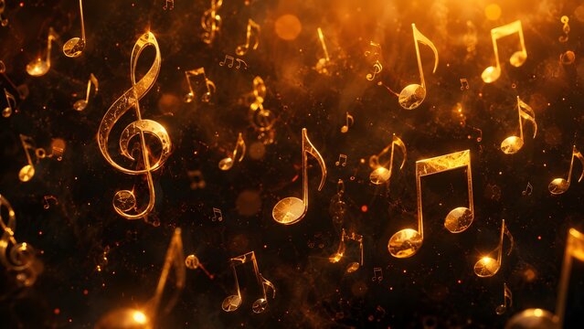 Artistic digital abstract illustration of glowing golden musical notes floating on a warm bokeh background. Ideal for concert posters, music class flyers, and festive banners.